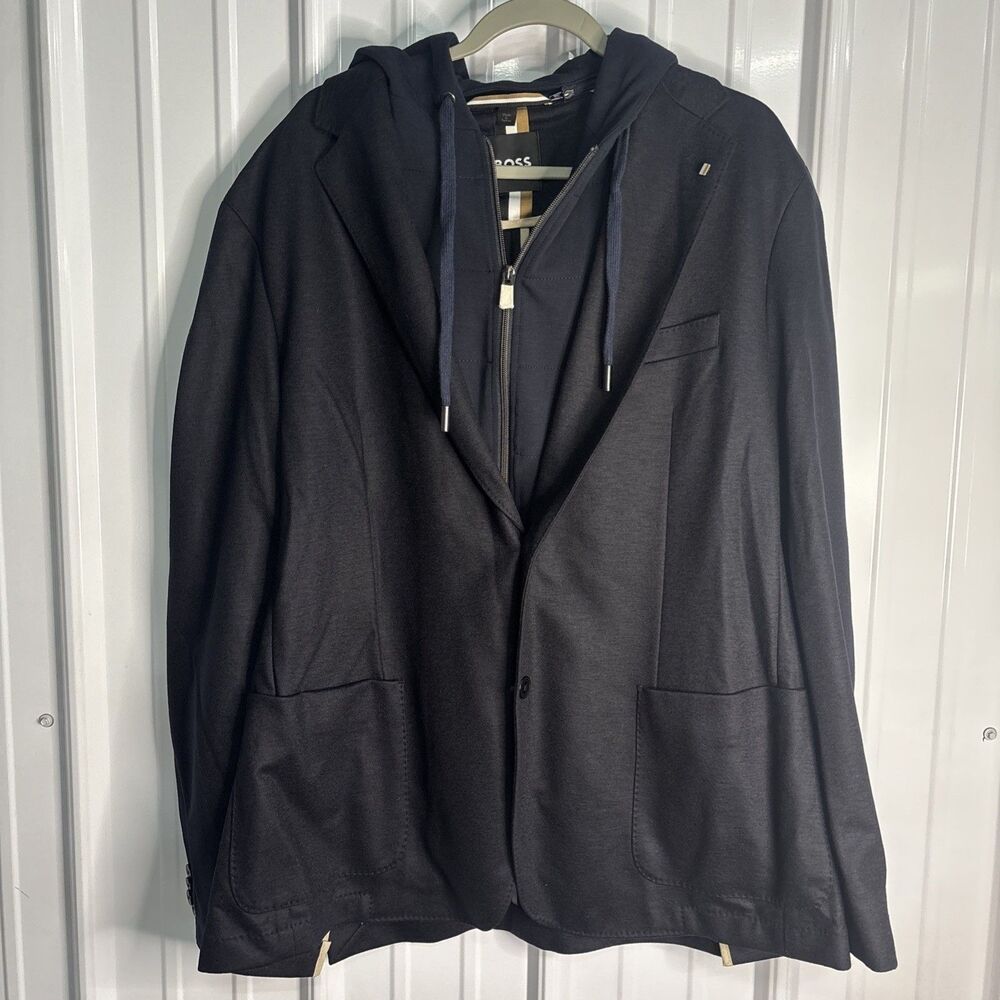 BOSS Hanry Slim Fit Jersey Sport Coat with Removable Hood Navy 48R NWOT